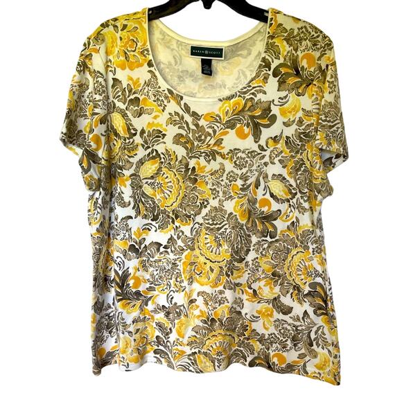 Karen Scott Tops - Karen‎ Scott Yellow Floral Paisley Short Sleeve Scoop Neck Top Womens Size XXL